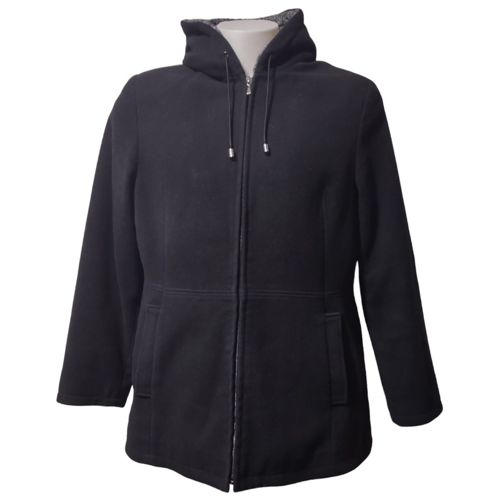 Pea Coat Fleet Street Woman's Size XL  Wool Blend Zip Up Hooded Pockets Black @_
